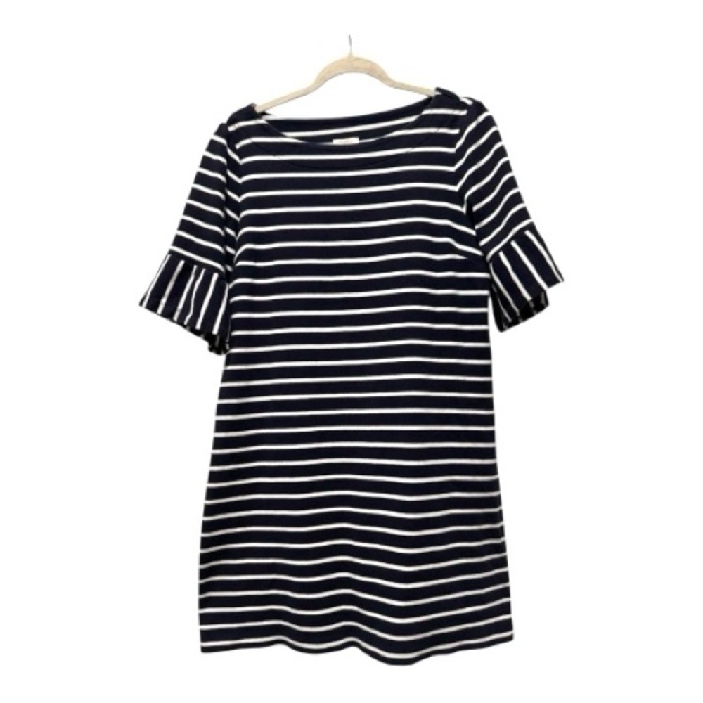 Talbots Navy White Striped Knit Shift Dress Ruffle Sleeve Size M